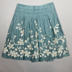 Talbots Women's Size 2P Skirt Floral Embroidered Linen Teal Lined Pleated